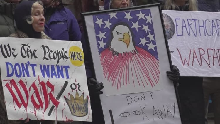 Graham Platner, others protest Iran military action outside Sen. Susan Collins' Portland office
